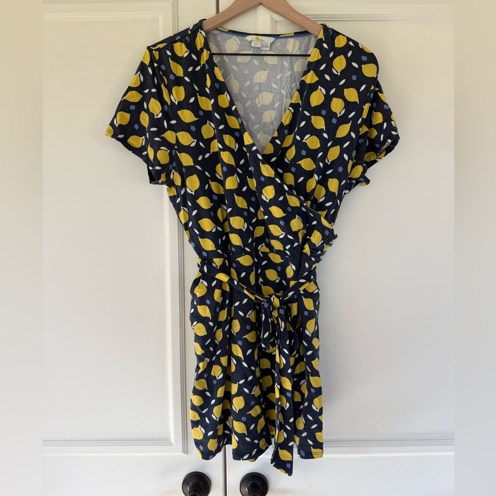 Boden Caroline romper in blue with lemons print, size 16/18